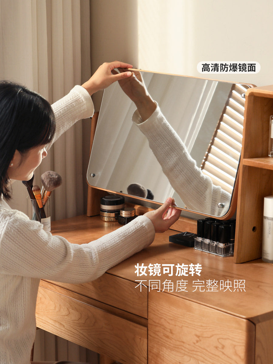 Solid wood vanity table for bedroom, Nordic minimalist cherry wood makeup desk, Japanese-style dressing table with mirror